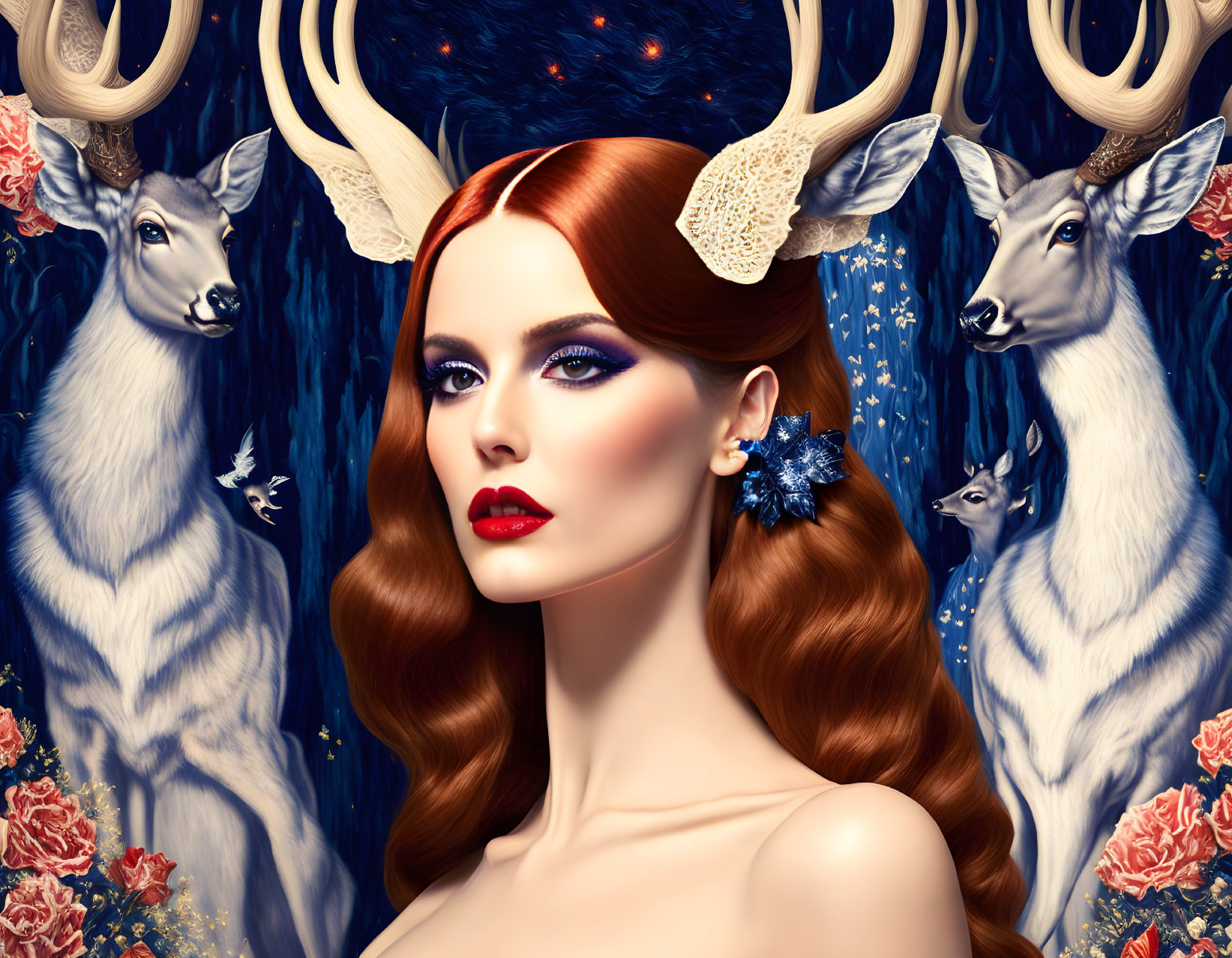 Red-Haired Woman with Blue Floral Accessory Surrounded by White Deer on Blue Floral Backdrop