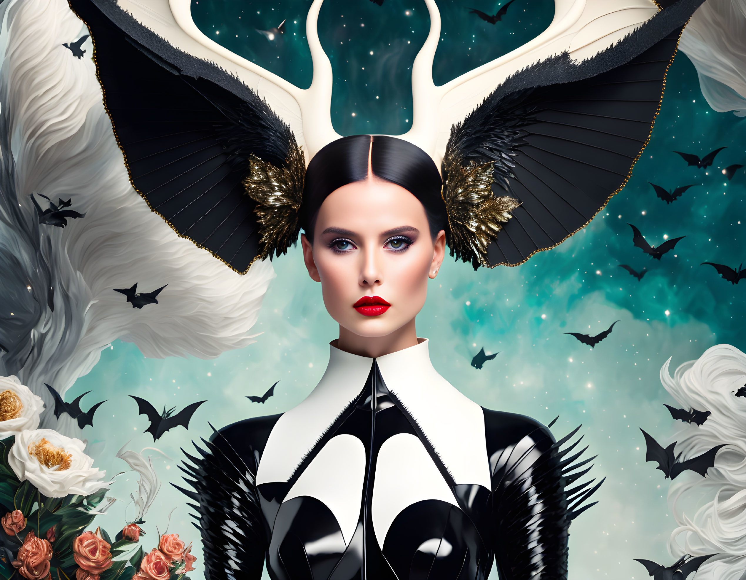 Surreal portrait: Woman with antlers, wings, bats, starry backdrop, white flowers