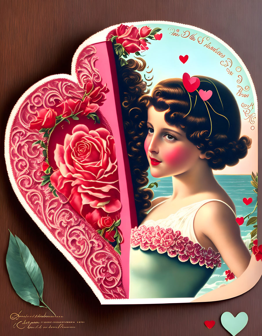 Nostalgic Valentine's Day card with vintage-style woman and romantic motifs