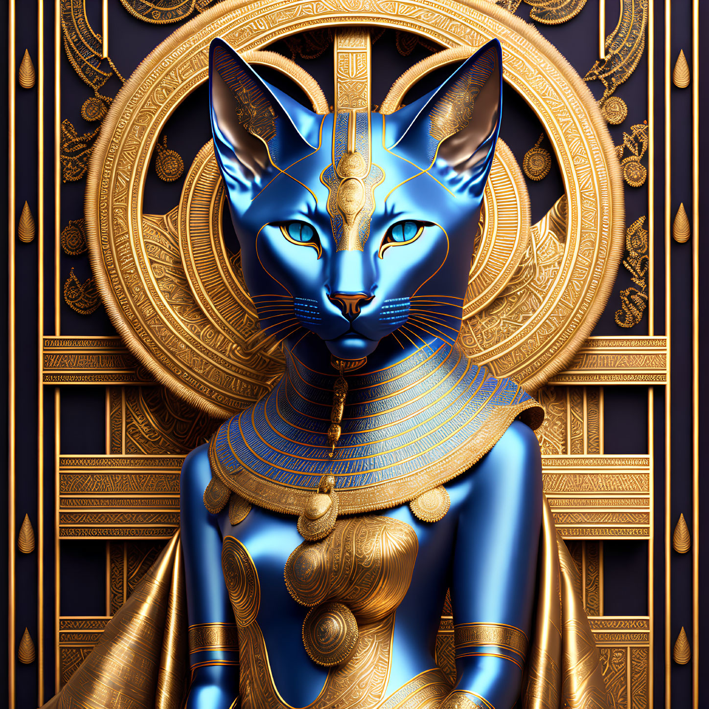 Ornate anthropomorphic blue cat with Egyptian-style jewelry on golden backdrop