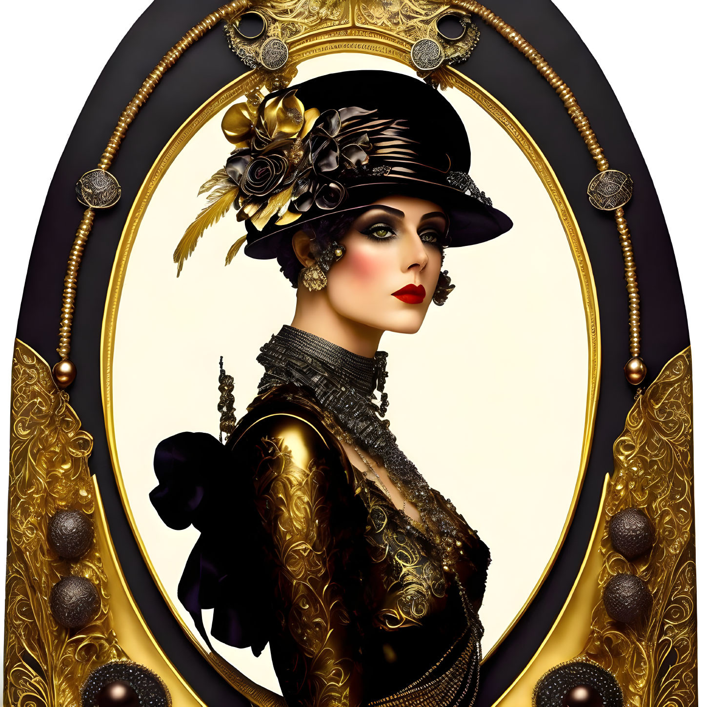 Vintage black and gold outfit illustration with floral hat in ornate oval frame