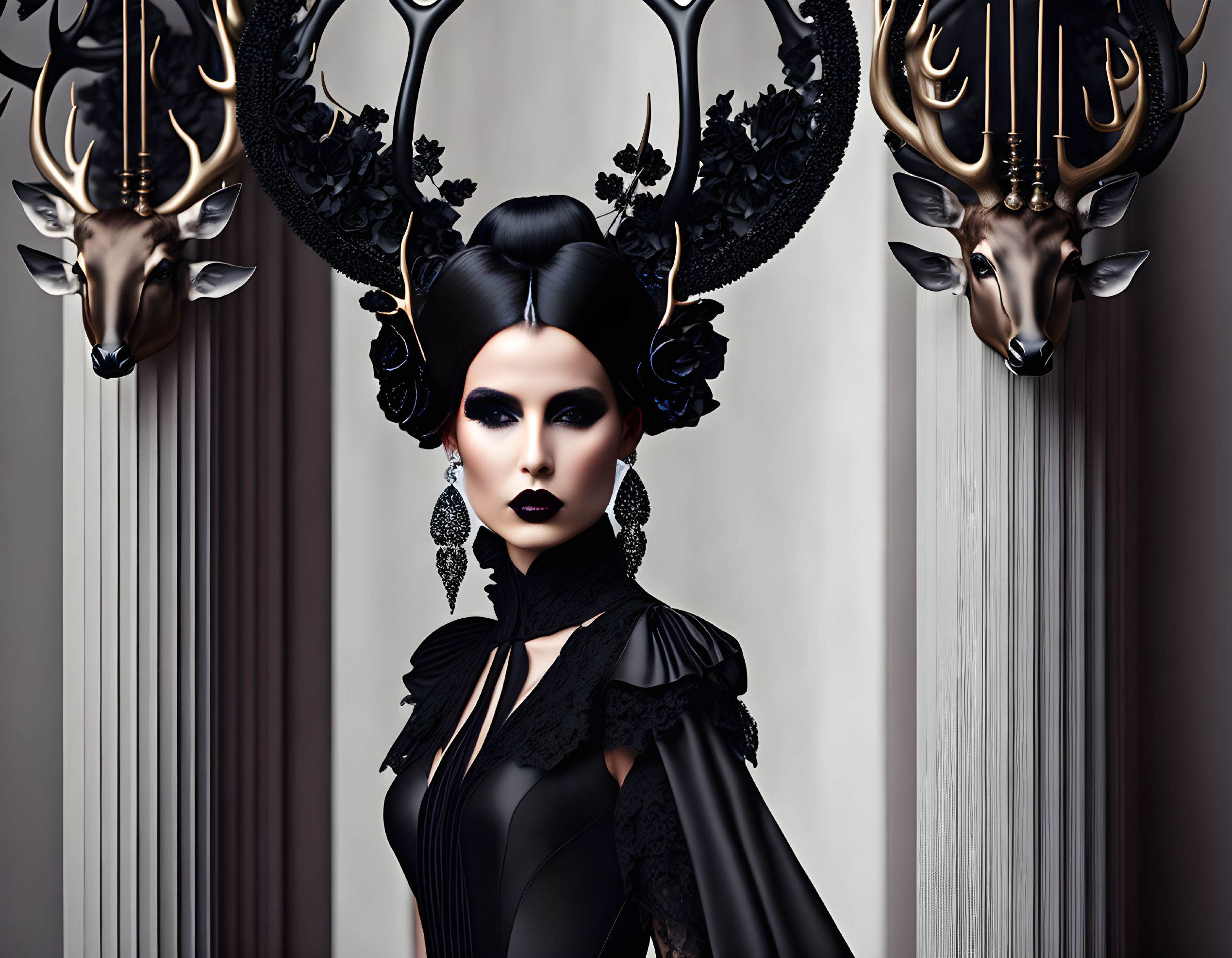 Woman in dramatic makeup and gothic outfit with golden deer heads on striped wall