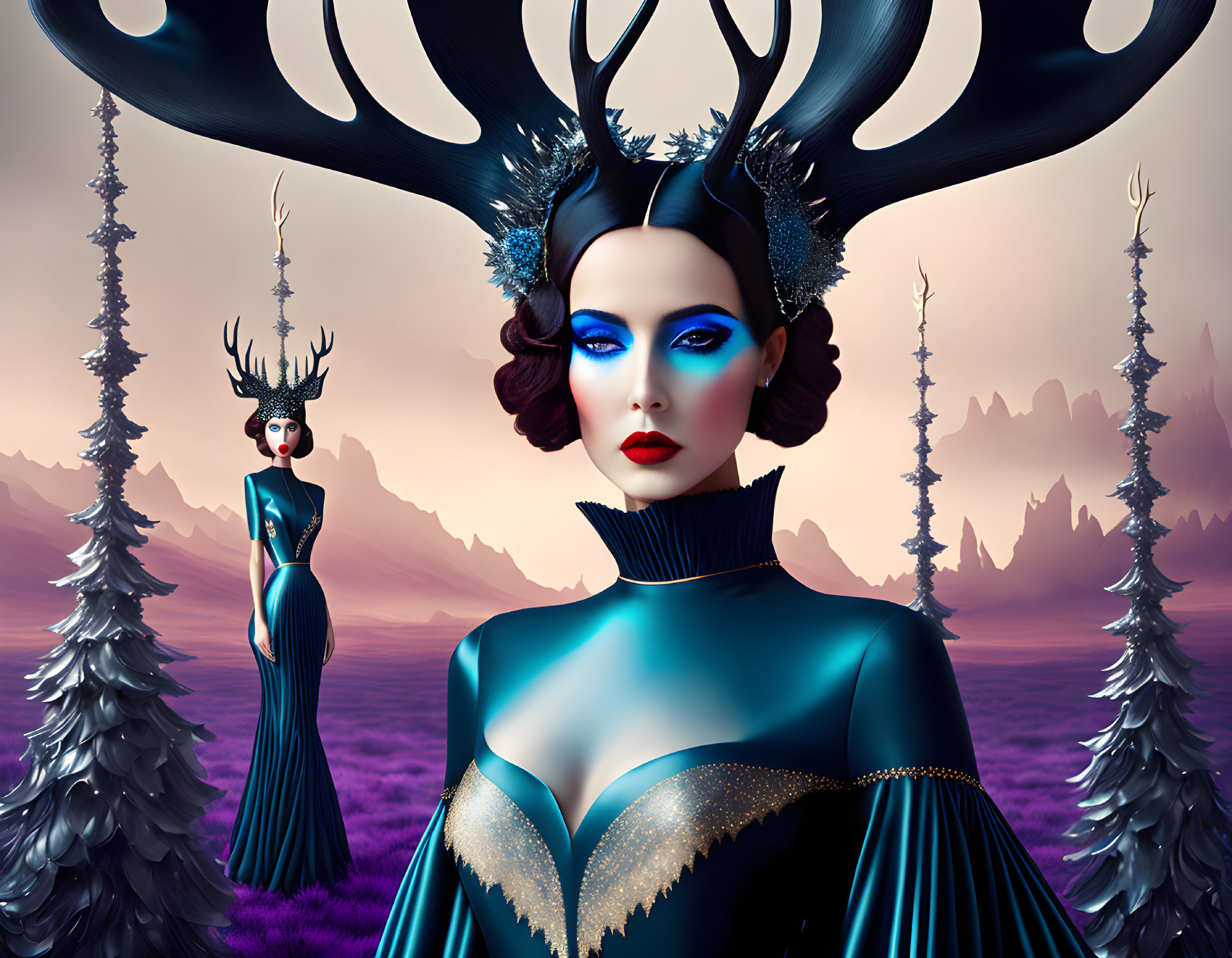 Surreal artwork: Two women in elegant gowns with antler-like crowns in fantastical