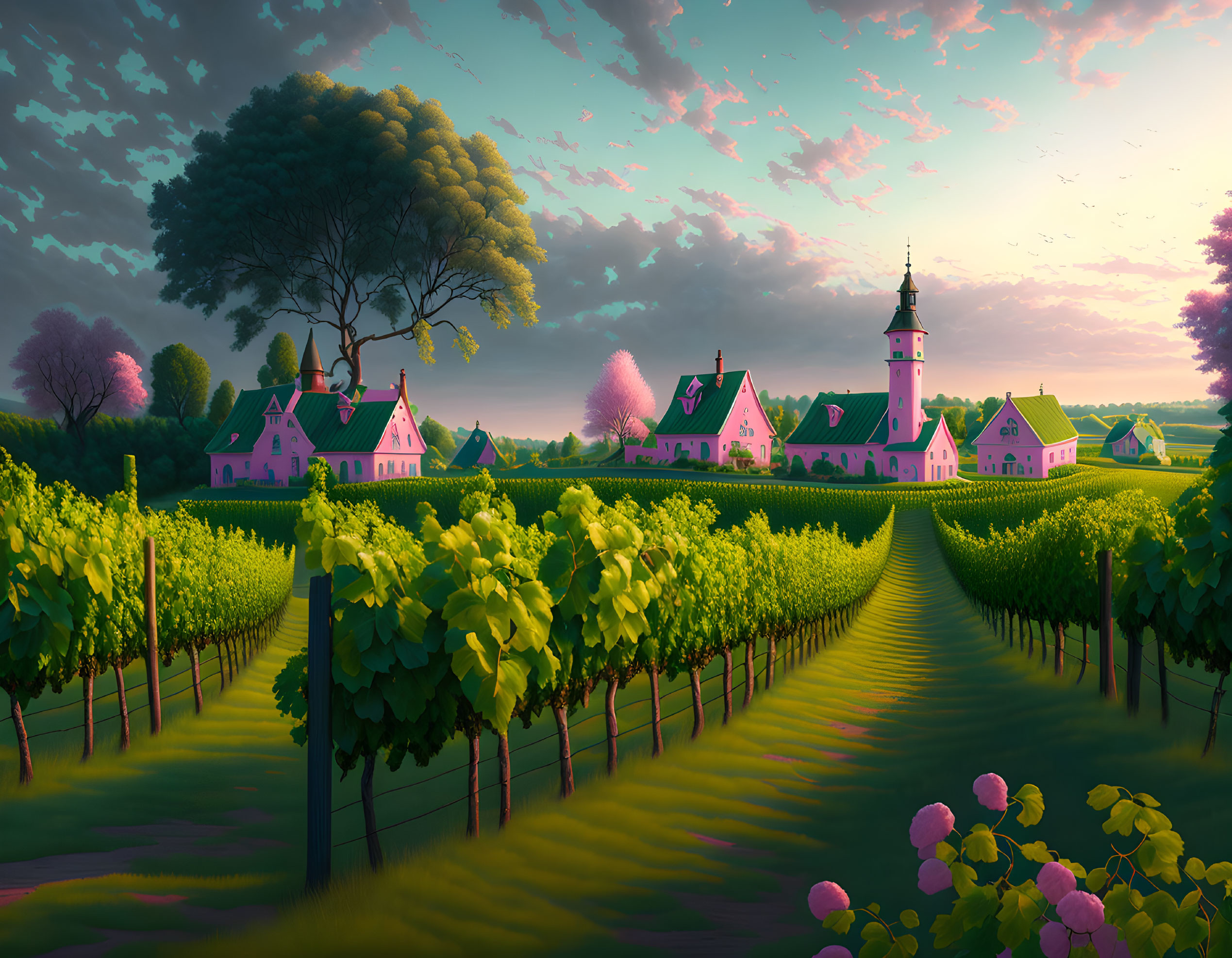 Scenic countryside with vineyard, pink houses, church steeple, and twilight sky