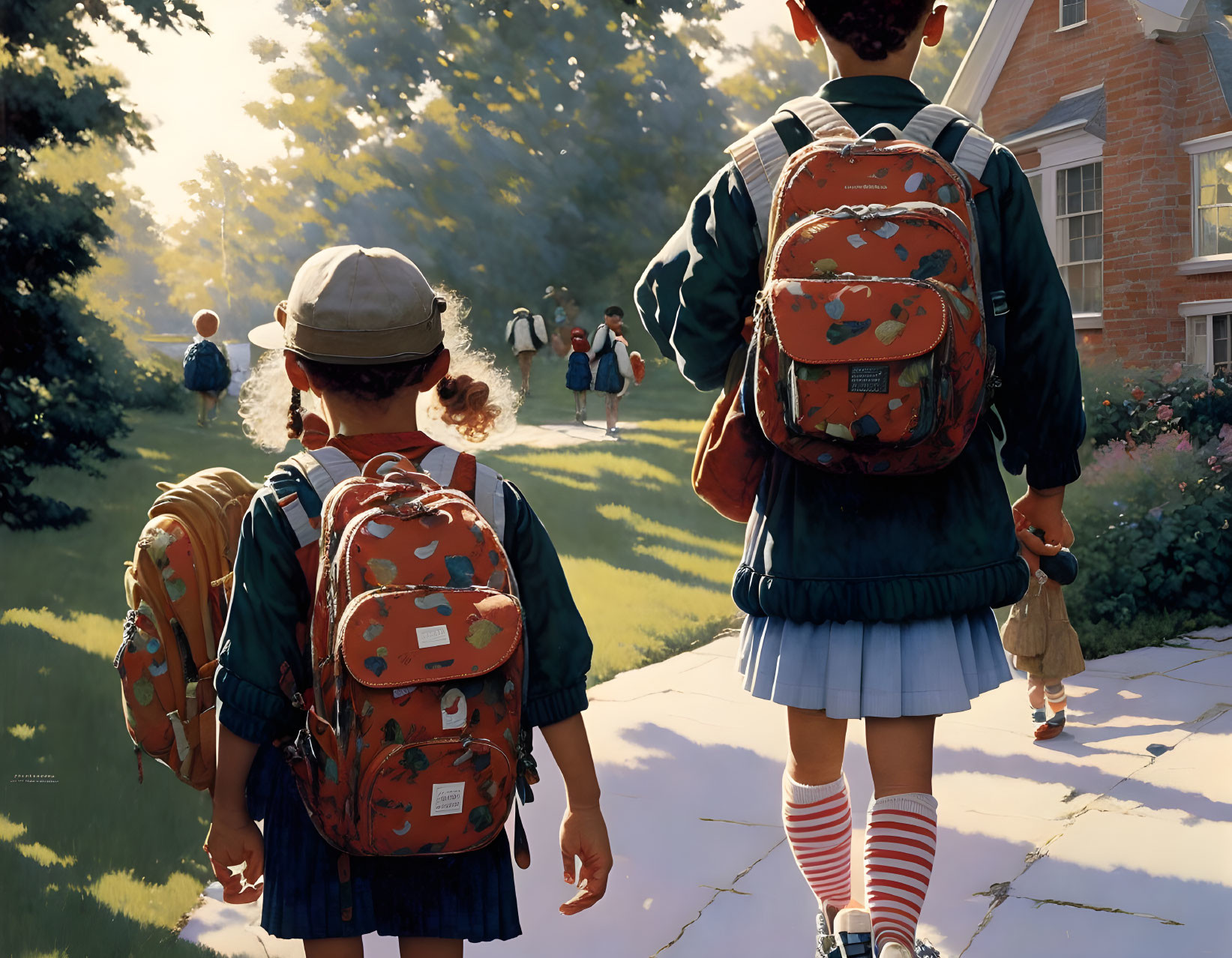 Young students heading to school on a sunny morning