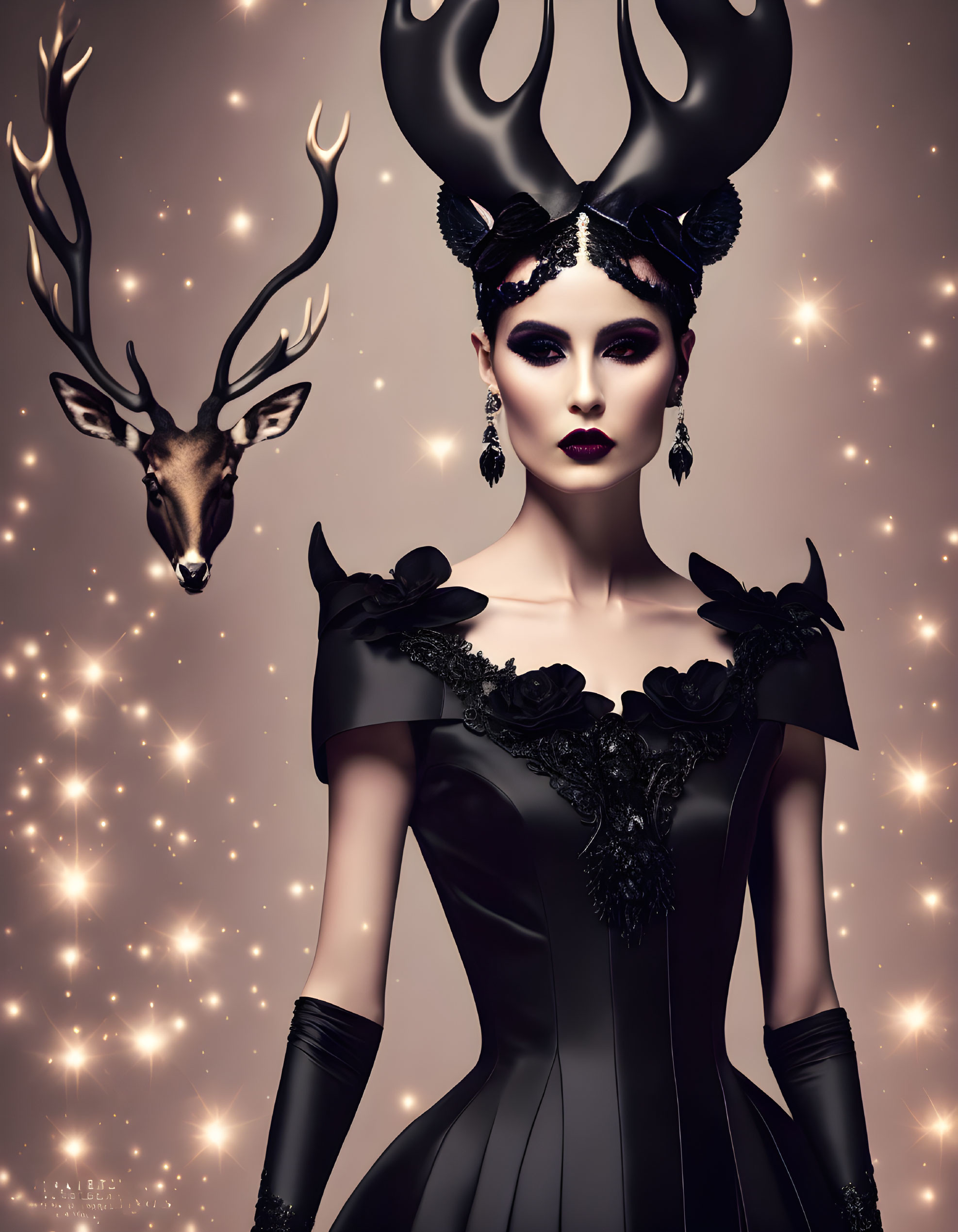 Stylized image of woman with dramatic makeup and horns in black dress with ghostly deer and sparkling