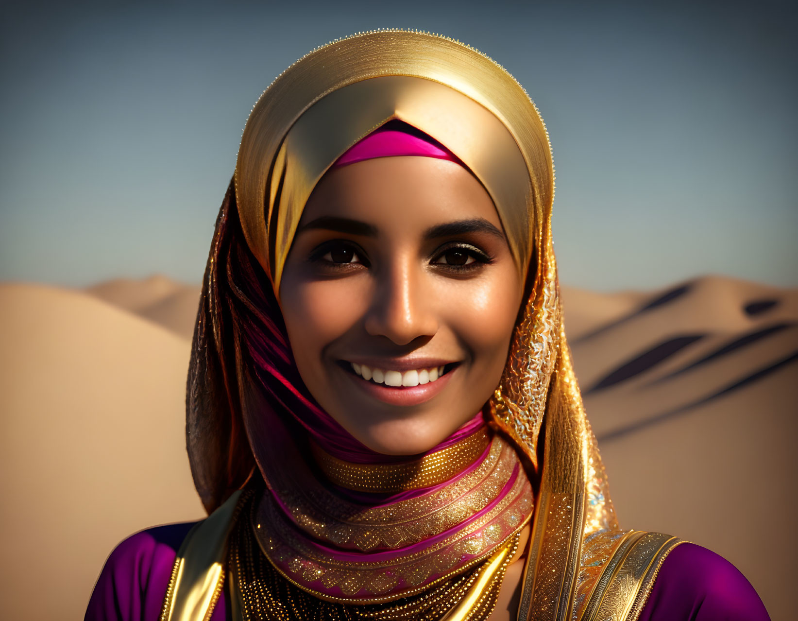 Smiling woman in traditional headscarf and golden jewelry in desert setting