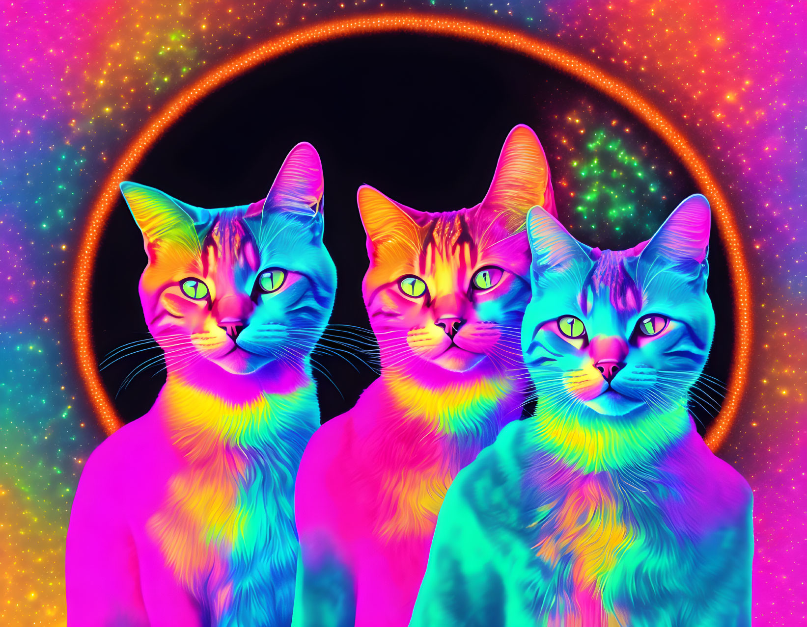 Colorful Cats in Psychedelic Cosmic Setting