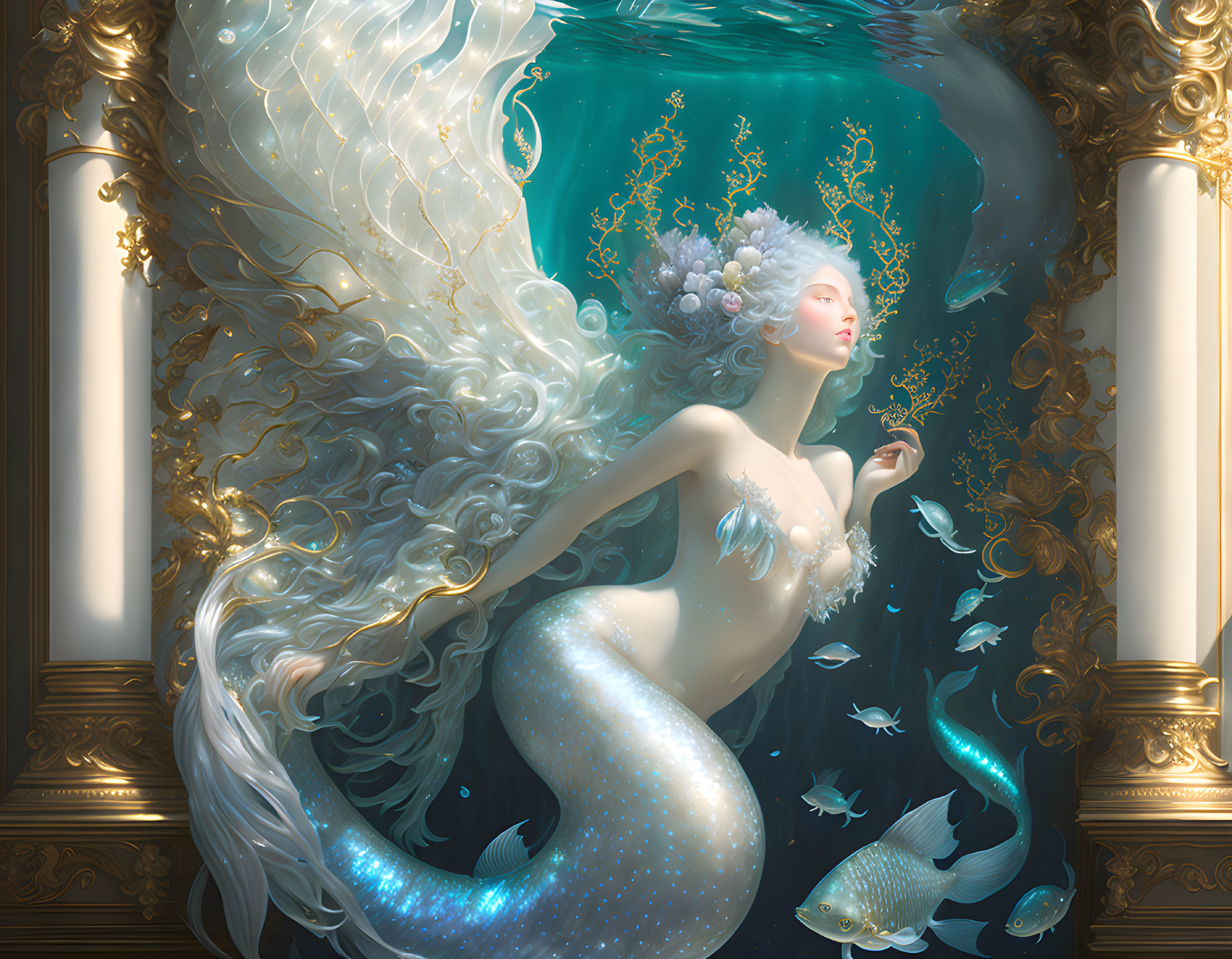 Ethereal mermaid with flowing hair in ornate underwater scene