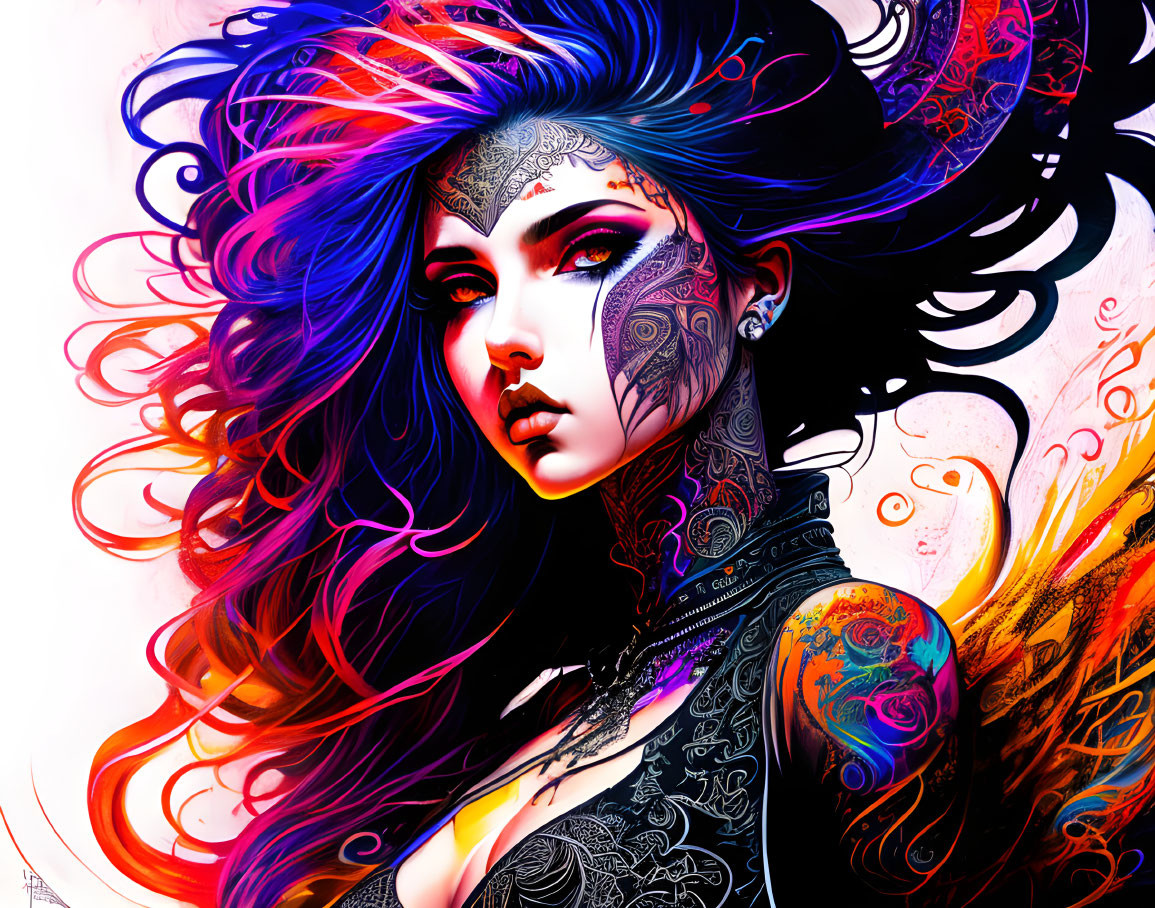 Colorful illustration: Woman with blue and purple hair, tattoos, and bold makeup on abstract backdrop