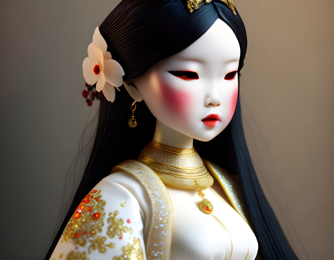 Detailed Asian-inspired doll with traditional attire and striking makeup