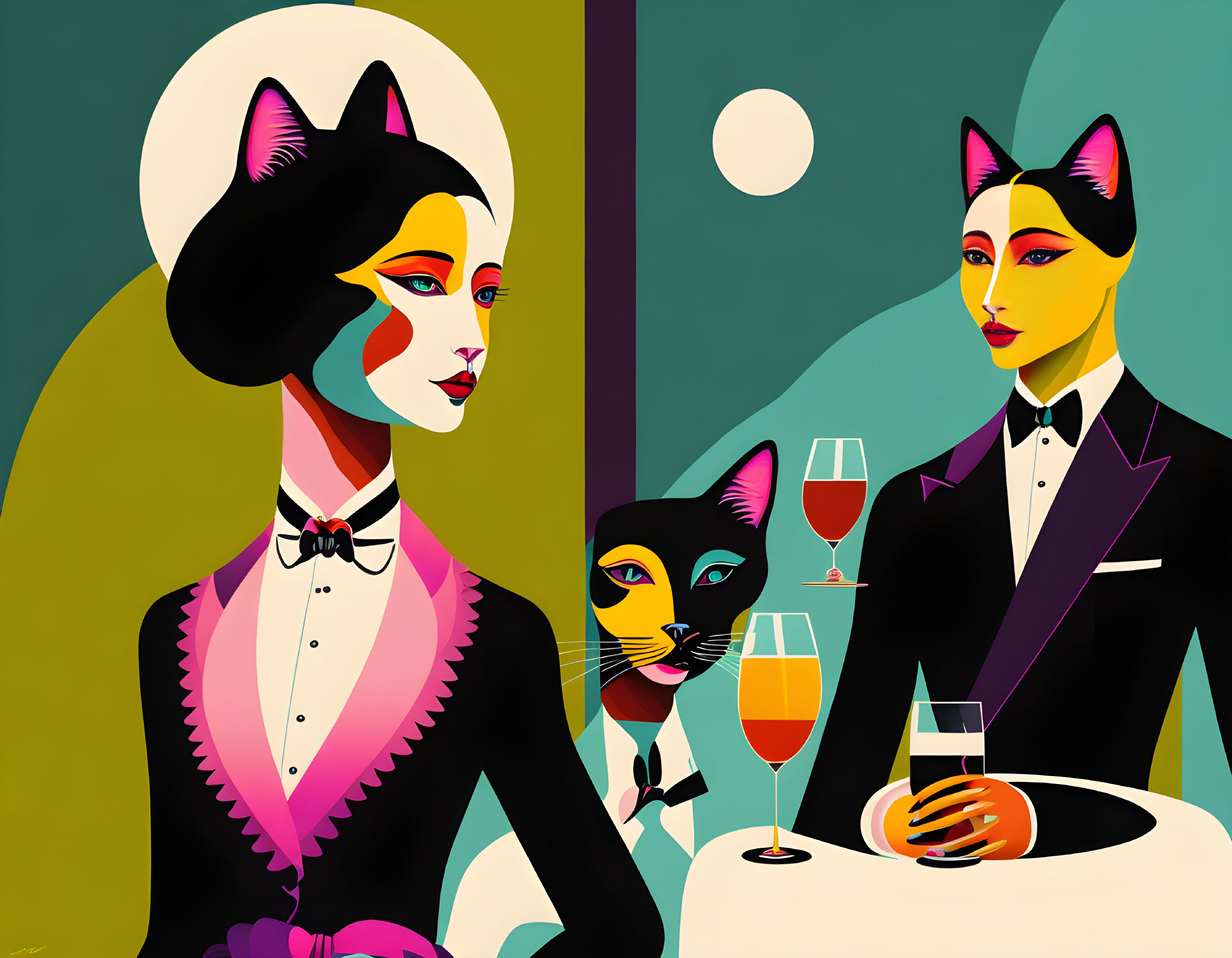 Anthropomorphic cats in formal attire at a table with wine glasses depicted in vibrant, abstract art style