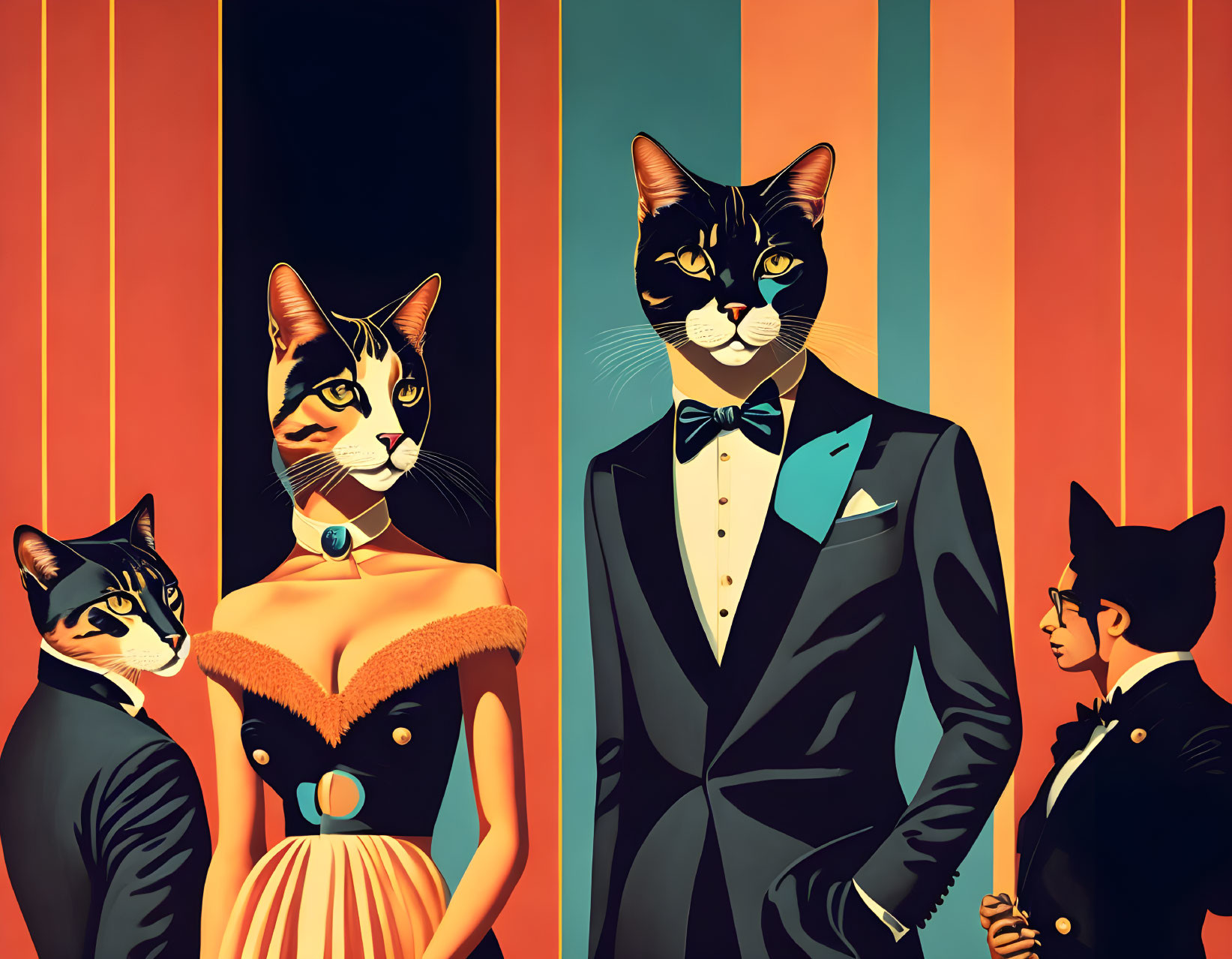 Vibrant anthropomorphic cat characters in formal wear.