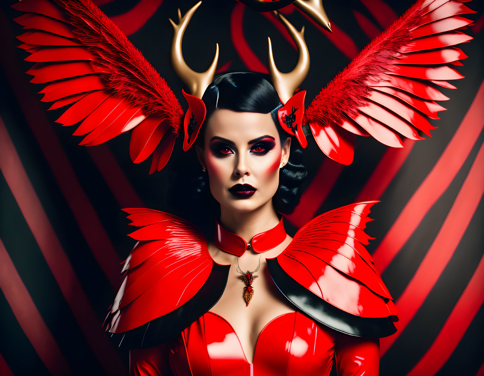 Woman in vibrant red costume with butterfly wings and horns on red and black background