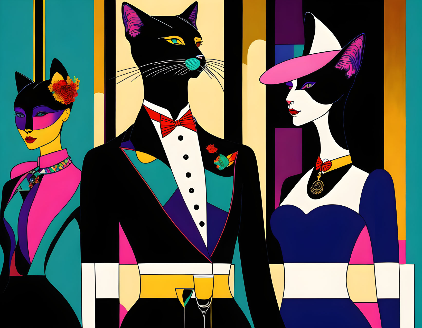 Vibrant art-deco style illustration of three cats in elegant attire