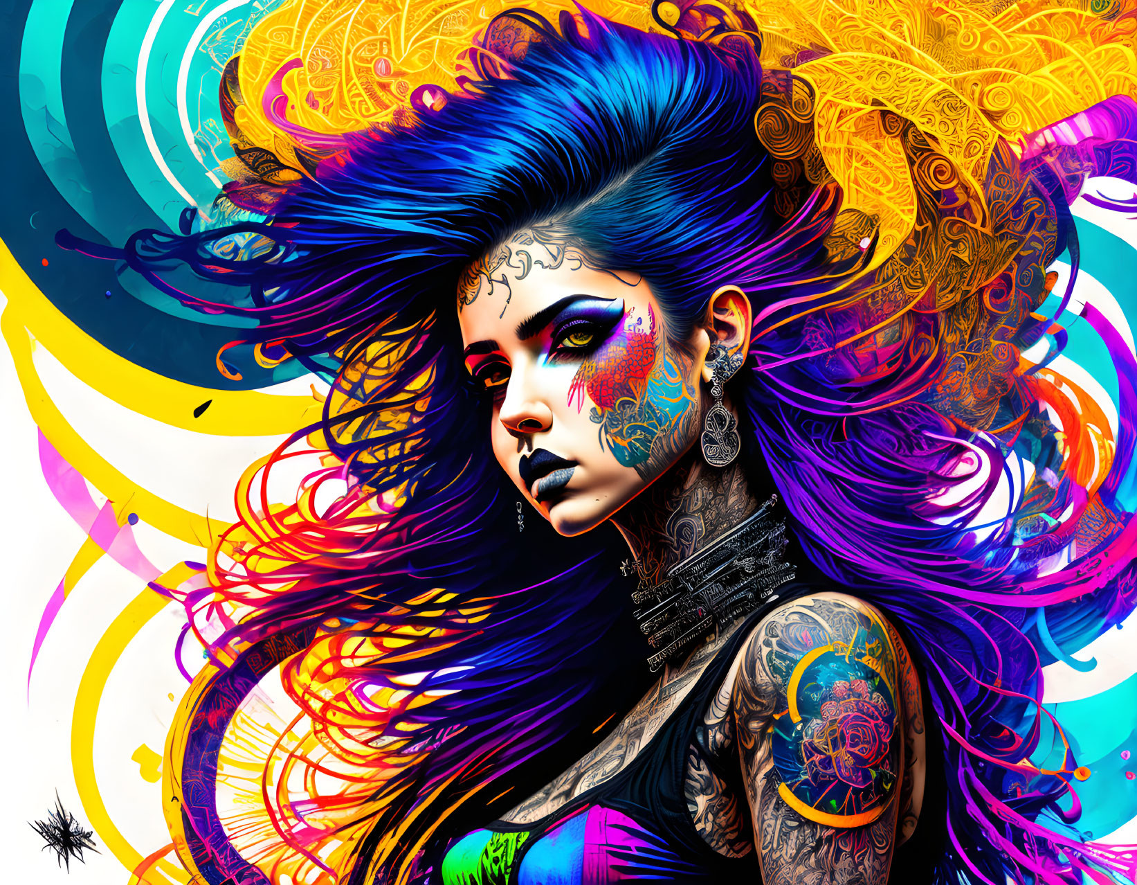 Colorful digital artwork: Woman with blue-purple hair, tattoos, and intricate facial markings on abstract background