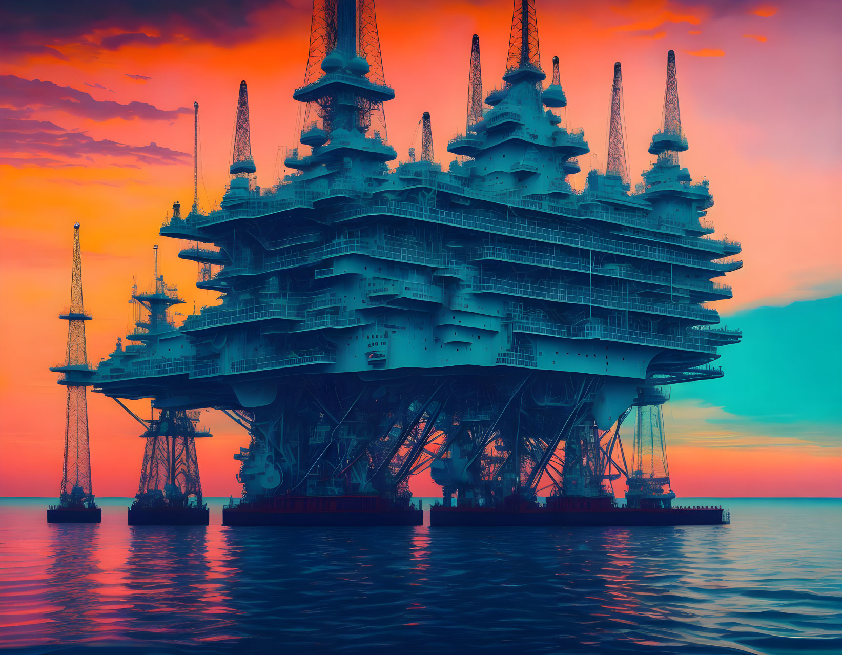 Offshore oil platform in calm sea at vibrant sunset