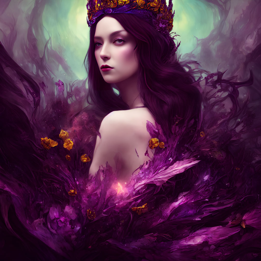 Regal woman with crown in mystical setting.