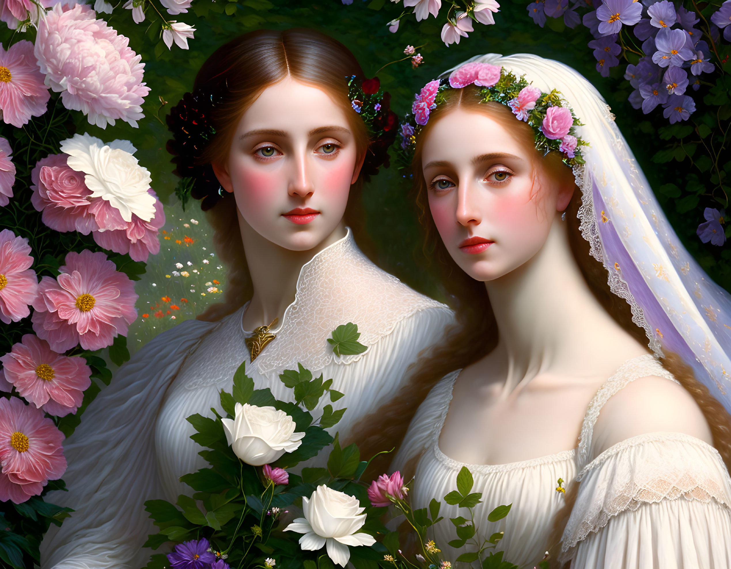 Two women in floral crowns surrounded by blooming flowers and intricate attire.