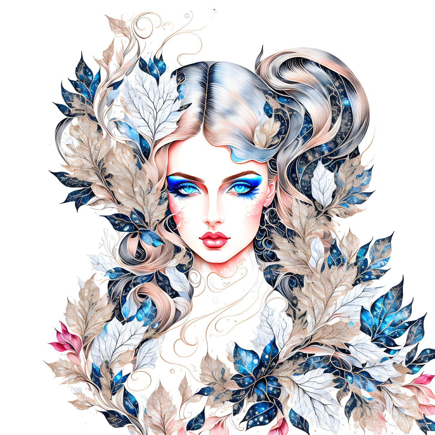 Stylized woman with blue eyes and swirling grey hair adorned with gold and blue leaves and butterflies