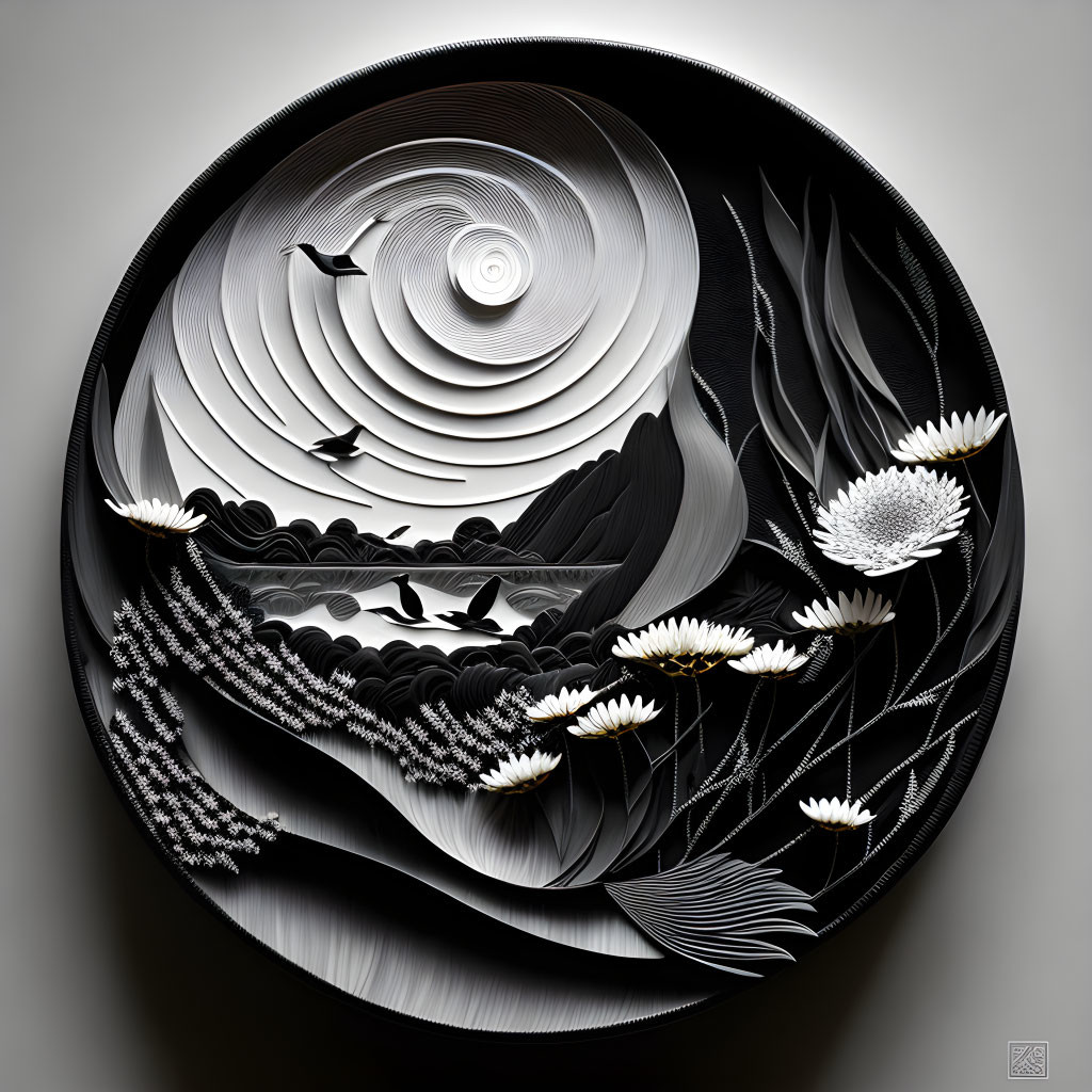 Circular monochromatic paper art: waves, birds, plants, central vortex.