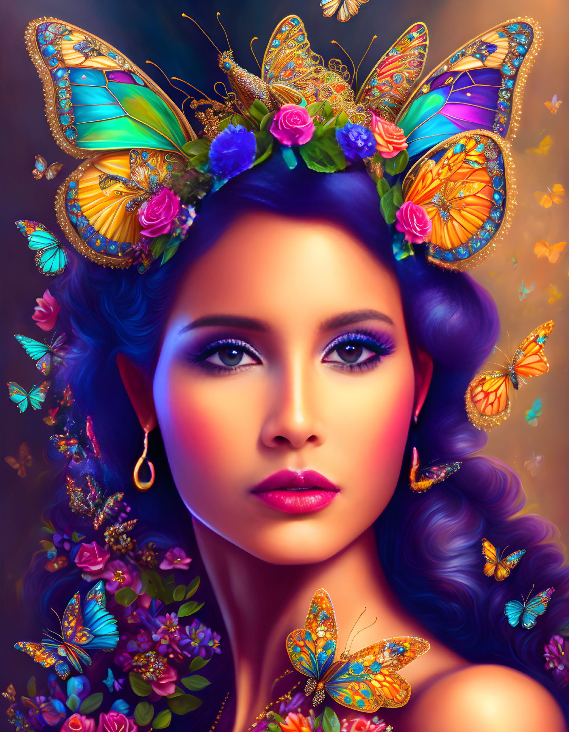 Colorful digital artwork: Woman with blue hair, butterflies, and flowers