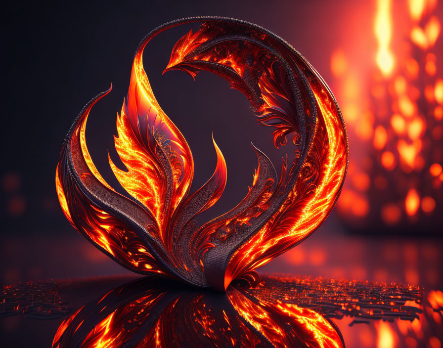 Abstract fiery phoenix fractal design on reflective surface