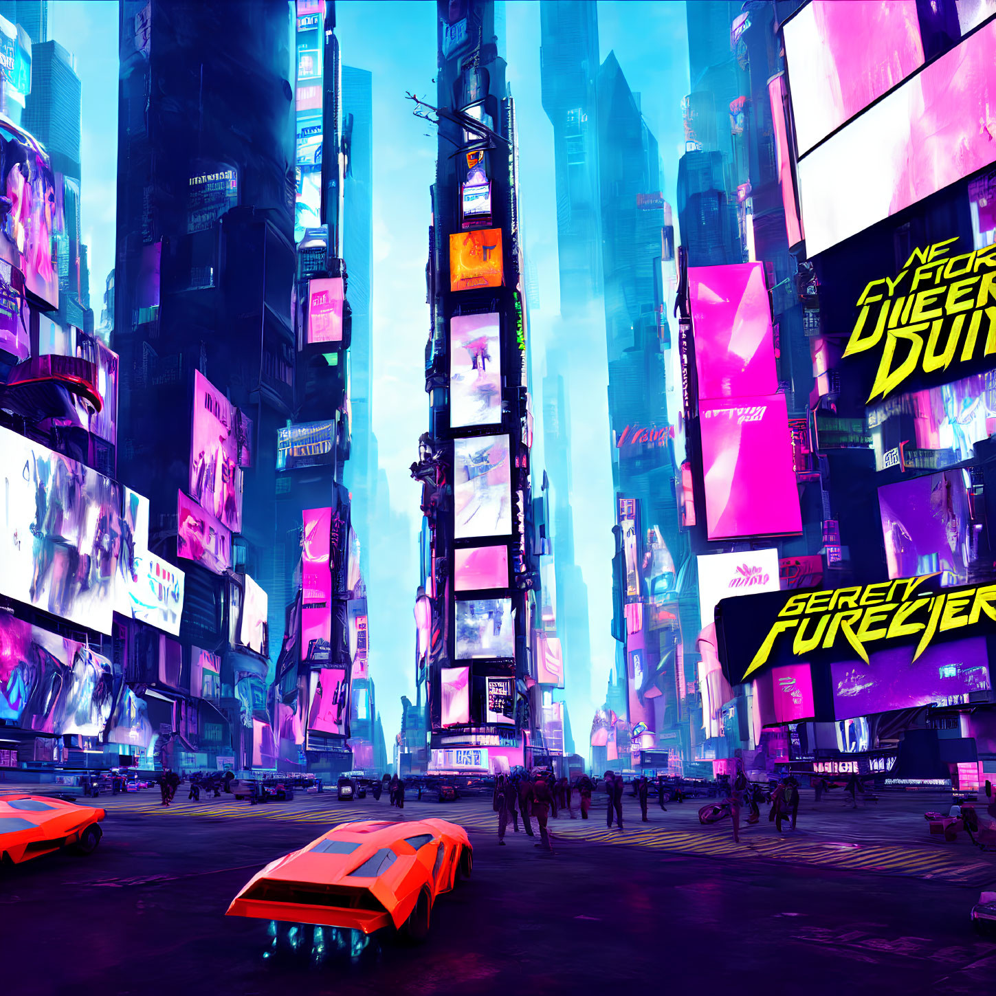 Futuristic cityscape with neon signs, skyscrapers, and flying cars at dusk