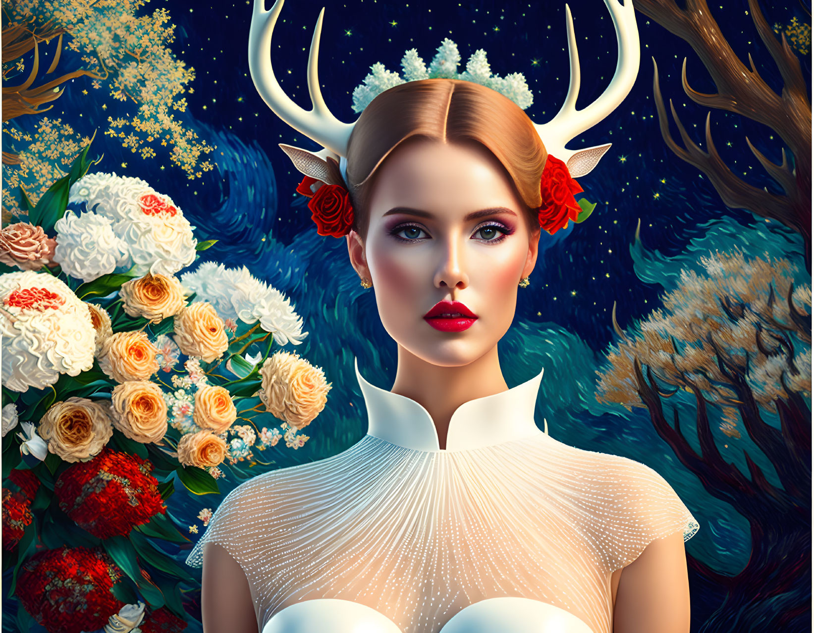 Surreal portrait of woman with antlers and flowers in white dress