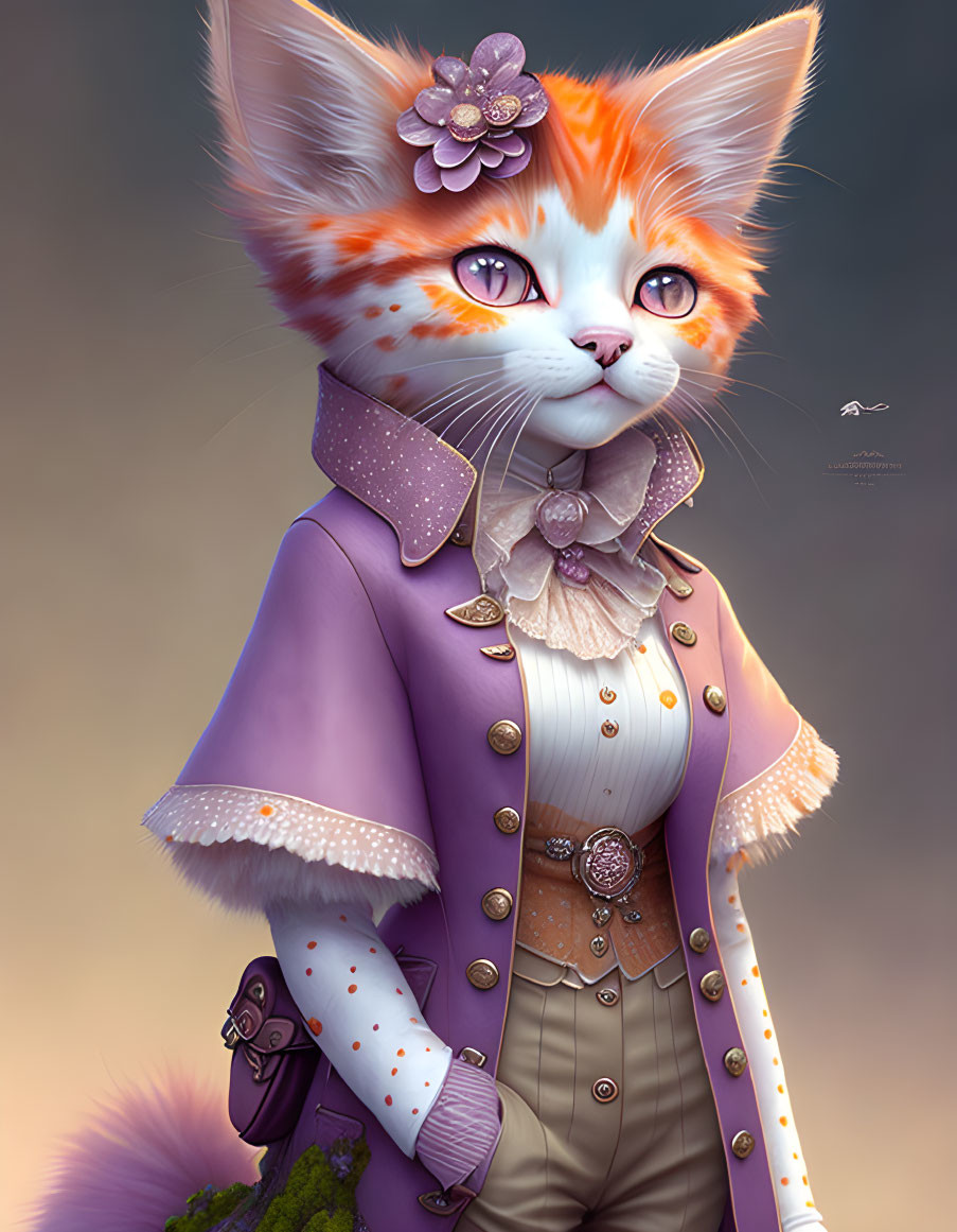 Anthropomorphic cat in purple jacket with ruffles and bow