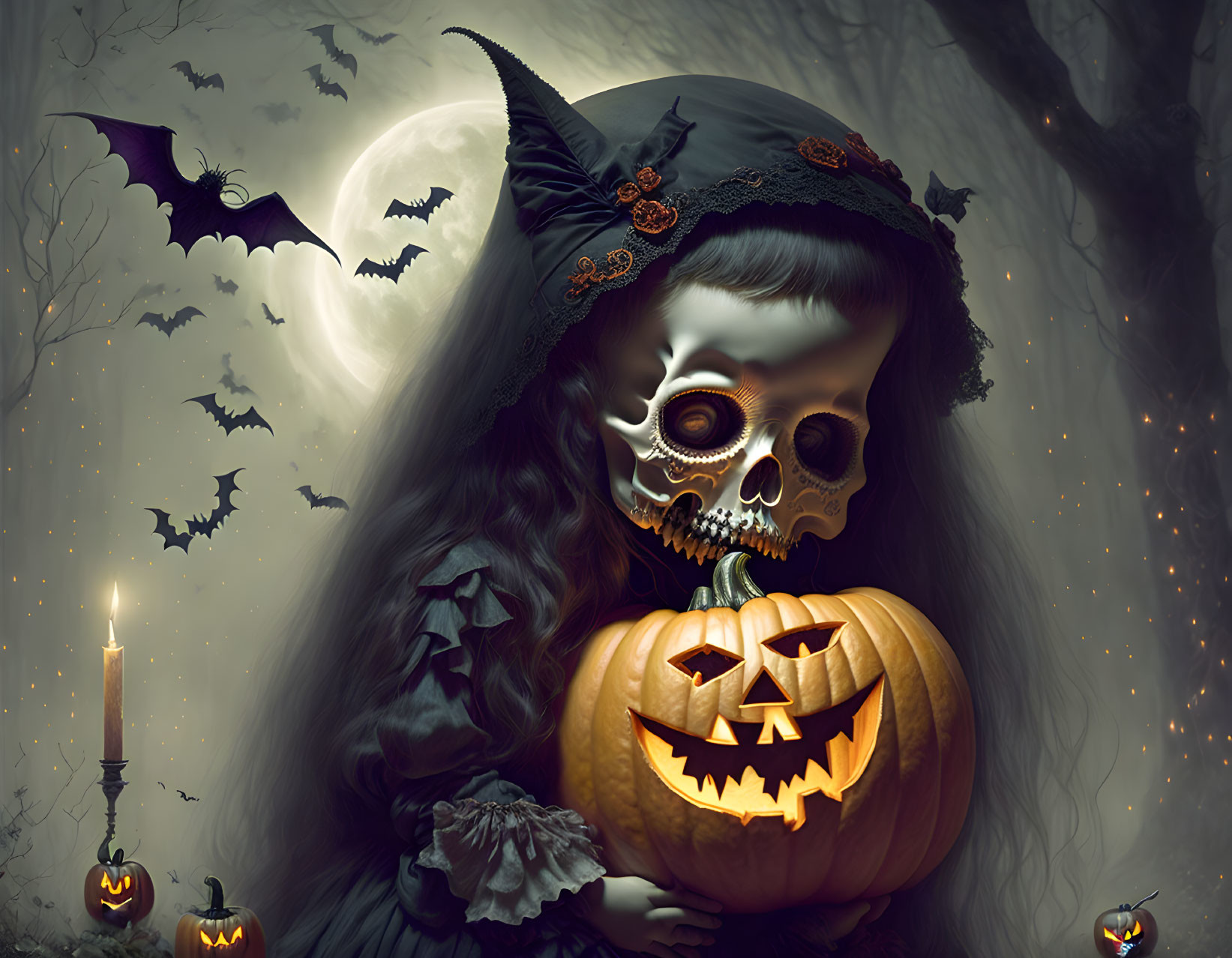 Girl with skull face holding jack-o'-lantern in spooky Halloween scene