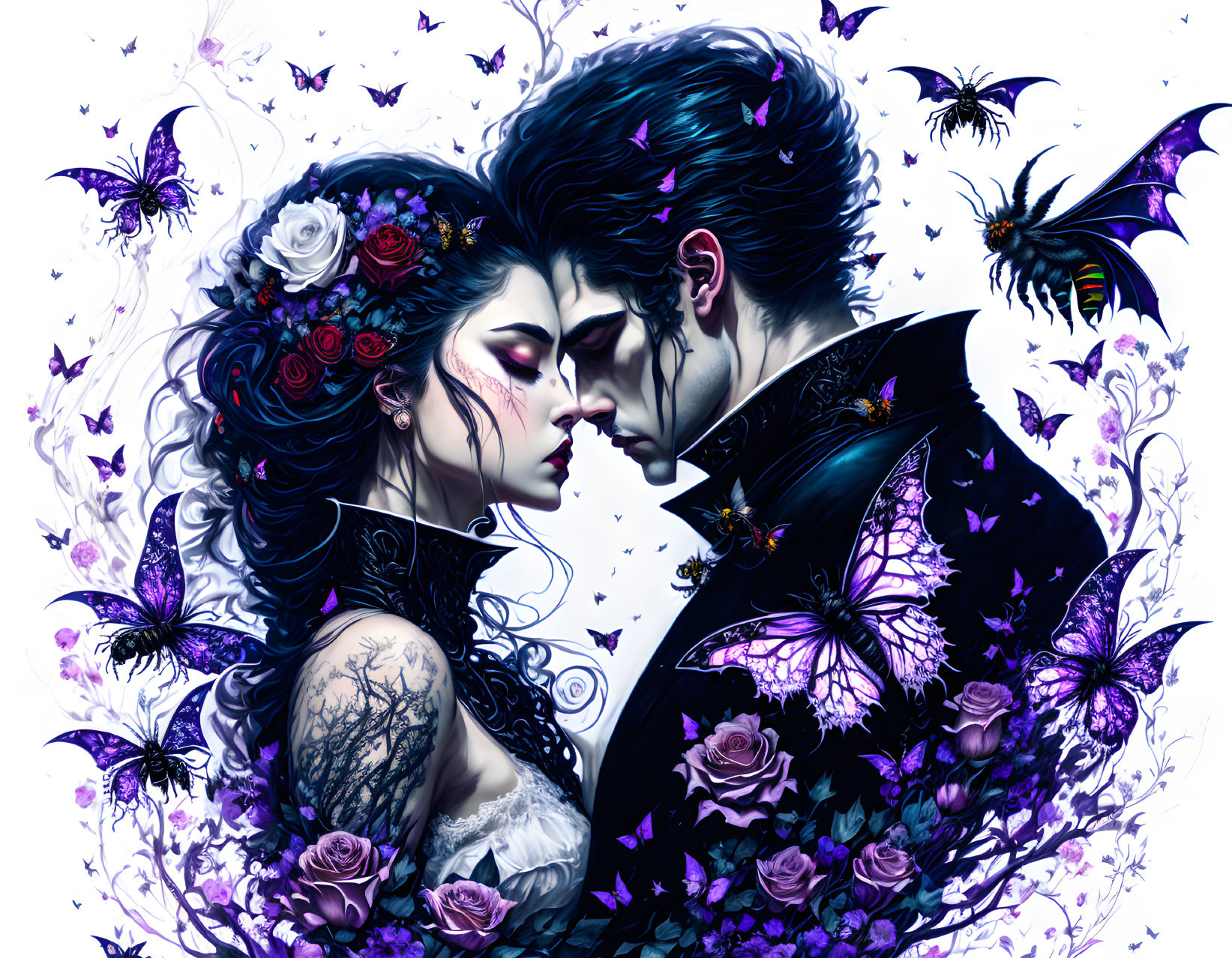 Illustrated gothic couple with tattoos surrounded by butterflies and roses