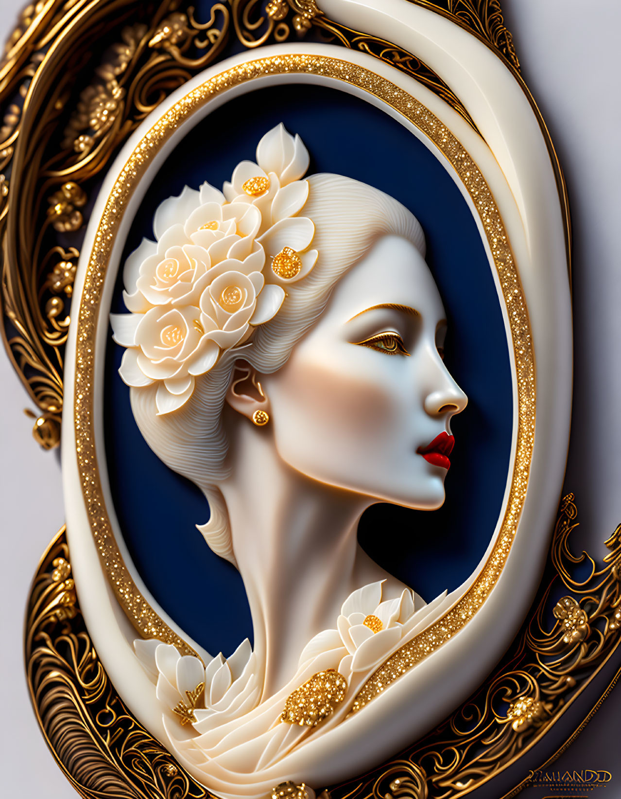 Stylized portrait of woman with pale skin, golden earrings, white flowers, blue background, orn