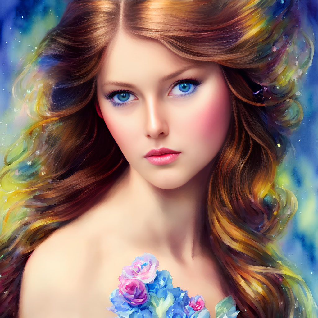 Digital Art Portrait: Woman with Blue Eyes, Cosmic Hair, and Roses