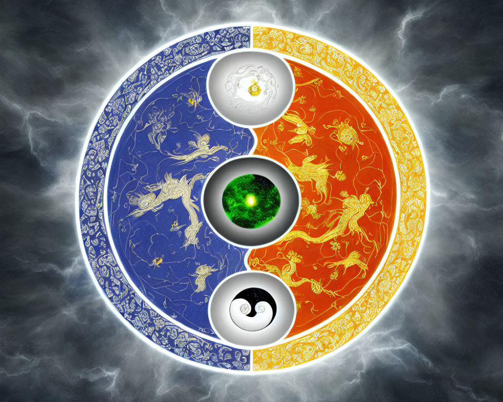 Colorful Yin Yang Symbol with Dragon Designs on Cosmic Storm Background