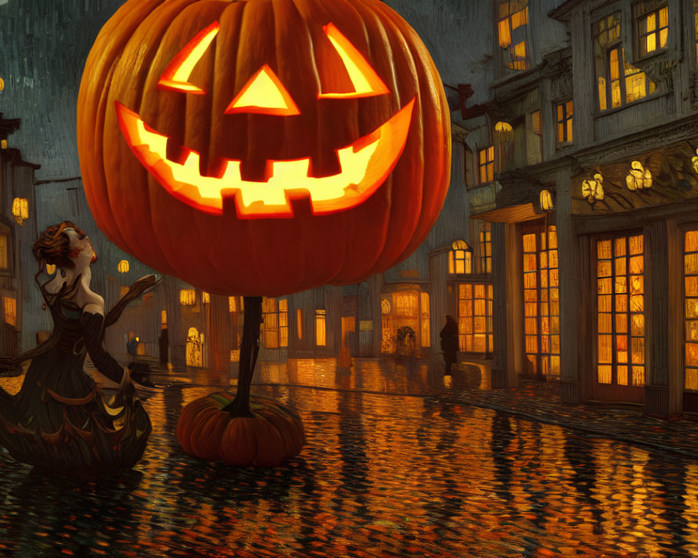 Woman dancing in dress on cobblestone street at night with glowing jack-o'-lantern and illuminated