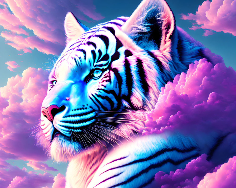 Color-enhanced tiger head in pink and blue clouds on bright sky
