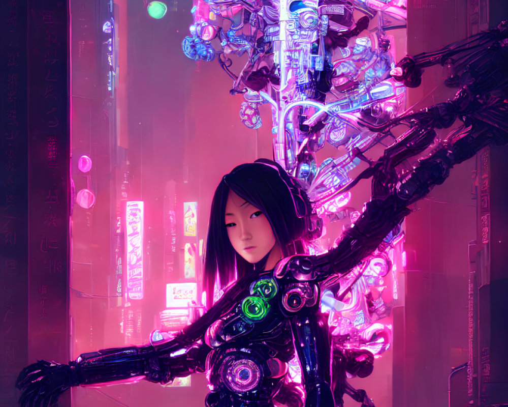 Futuristic cybernetic girl in neon-lit cityscape with robotic arms.