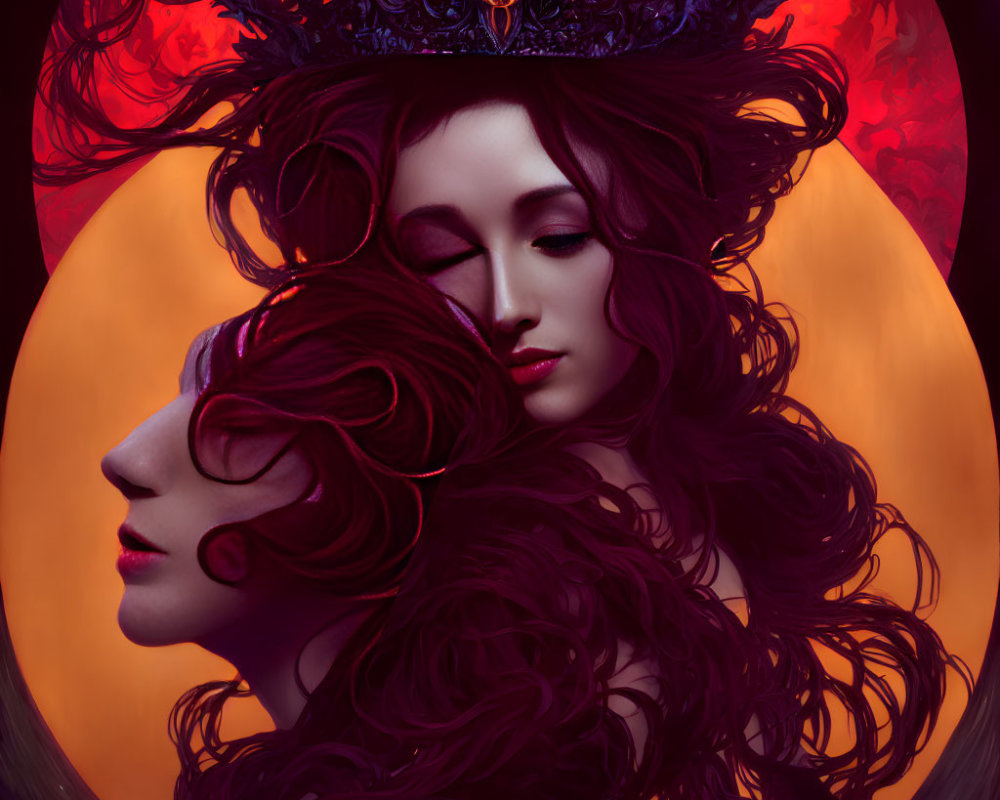 Surreal artwork of woman with flowing hair and second face on profile against fiery backdrop wearing red he