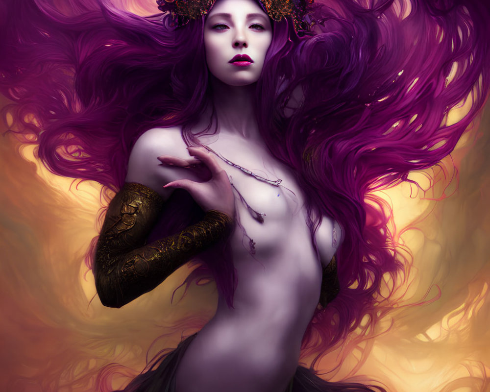 Fantasy artwork: Woman with purple hair and ornate headgear on violet-gold backdrop