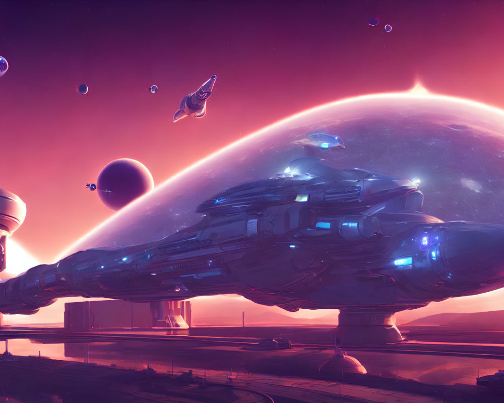 Futuristic spaceship docking at spaceport with giant planet and celestial bodies in pinkish-purple sky