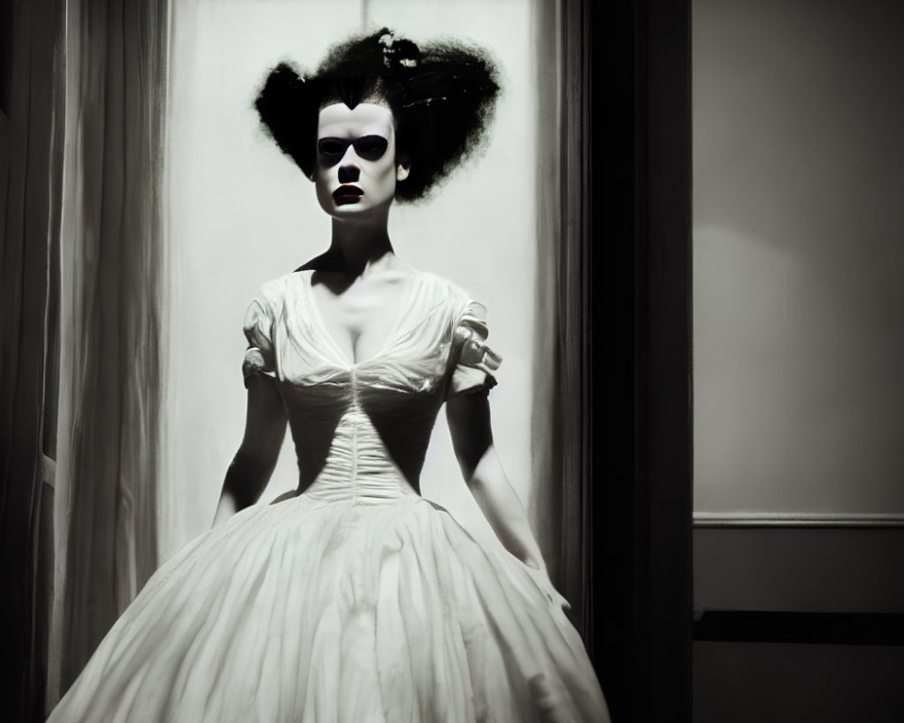 Vintage white dress with voluminous skirt and dramatic dark hairstyle in front of bright window on monochrome backdrop