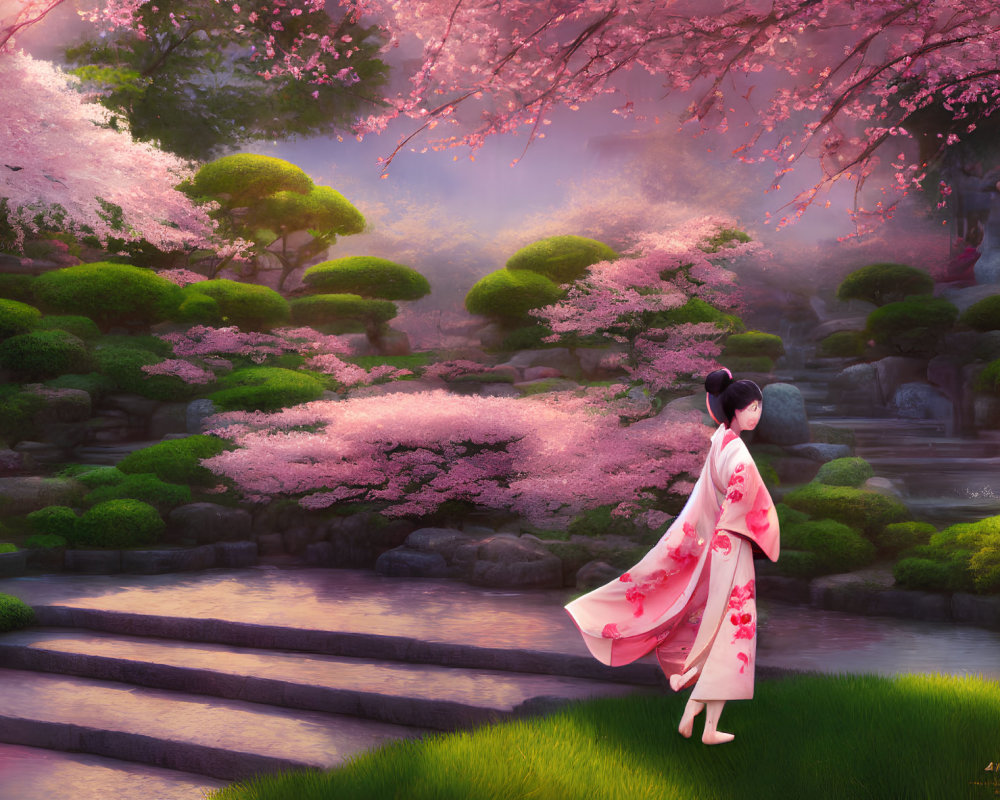 Pink kimono-clad woman in serene Japanese garden with cherry blossoms, stone pathways, and streams