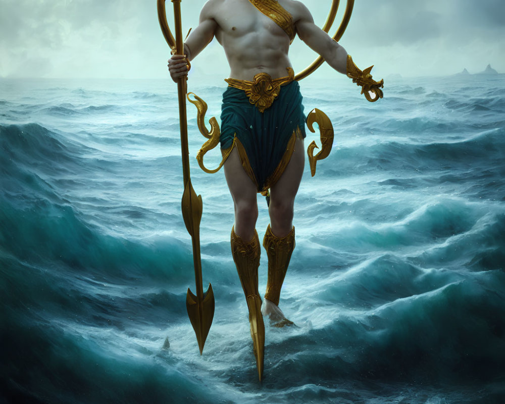 Mythical figure with trident in blue beard and golden armor