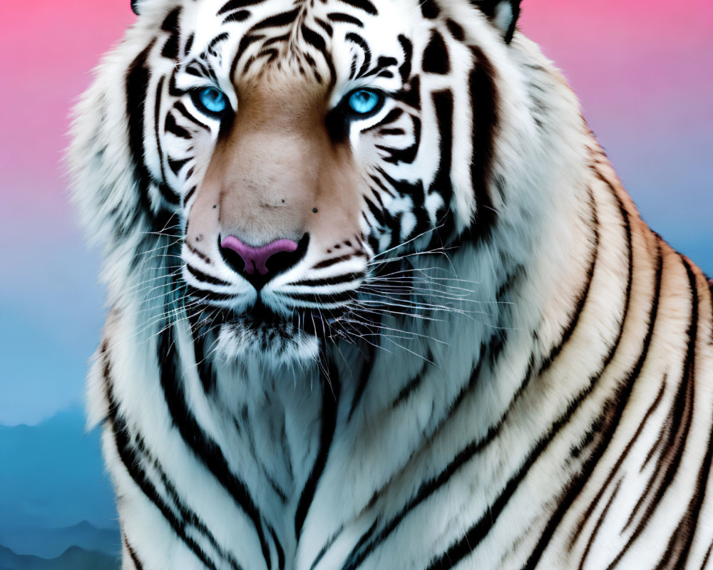 Close-up of white tiger with blue eyes on pink and blue background