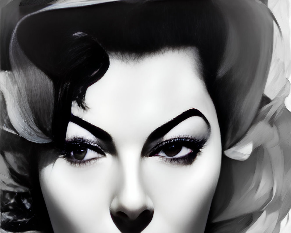 Monochromatic portrait of a woman with dramatic makeup and retro glamour hat