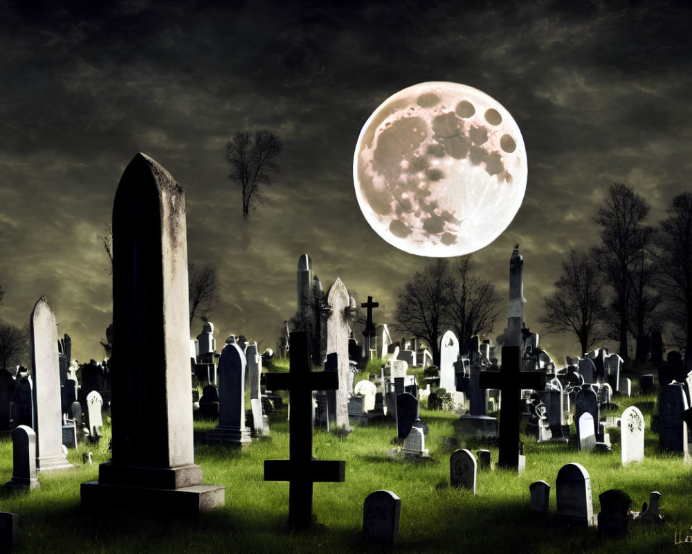 Moonlit graveyard with tombstones, crosses, full moon, and bare trees