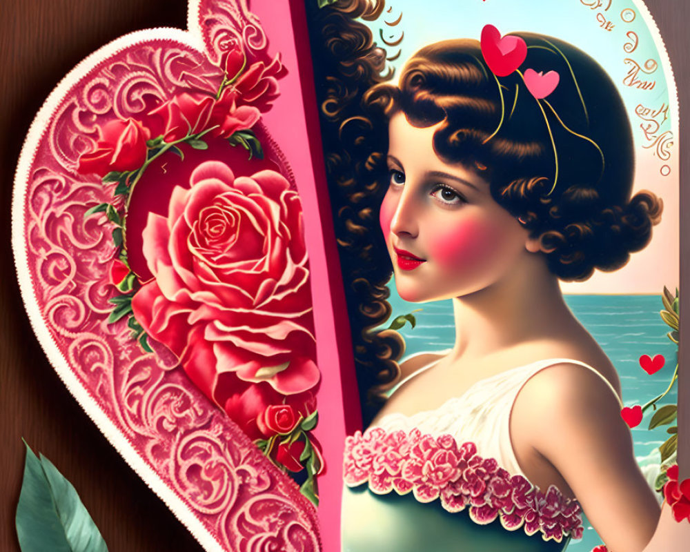 Nostalgic Valentine's Day card with vintage-style woman and romantic motifs