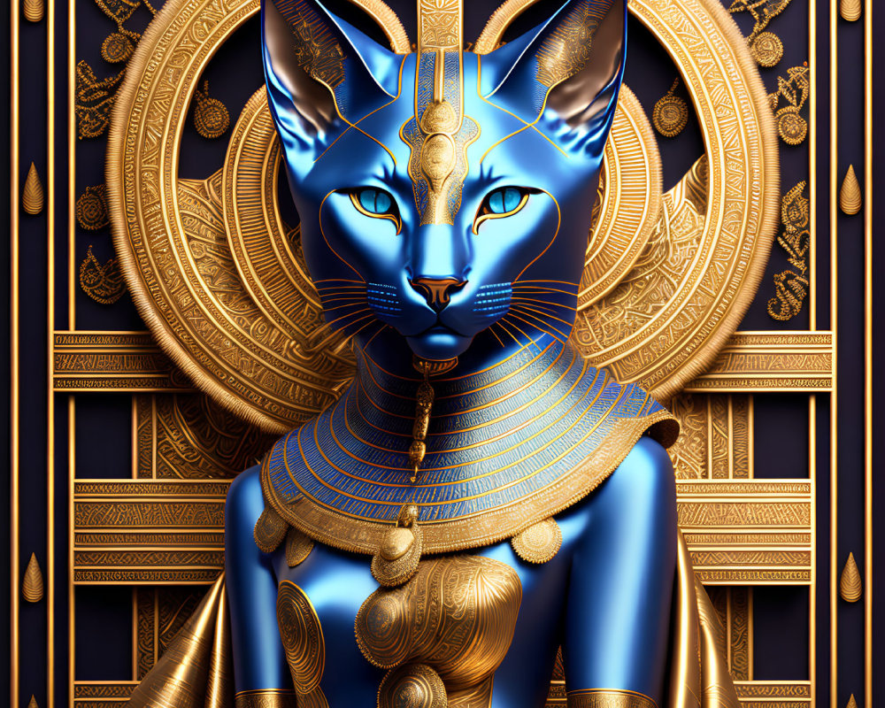 Ornate anthropomorphic blue cat with Egyptian-style jewelry on golden backdrop