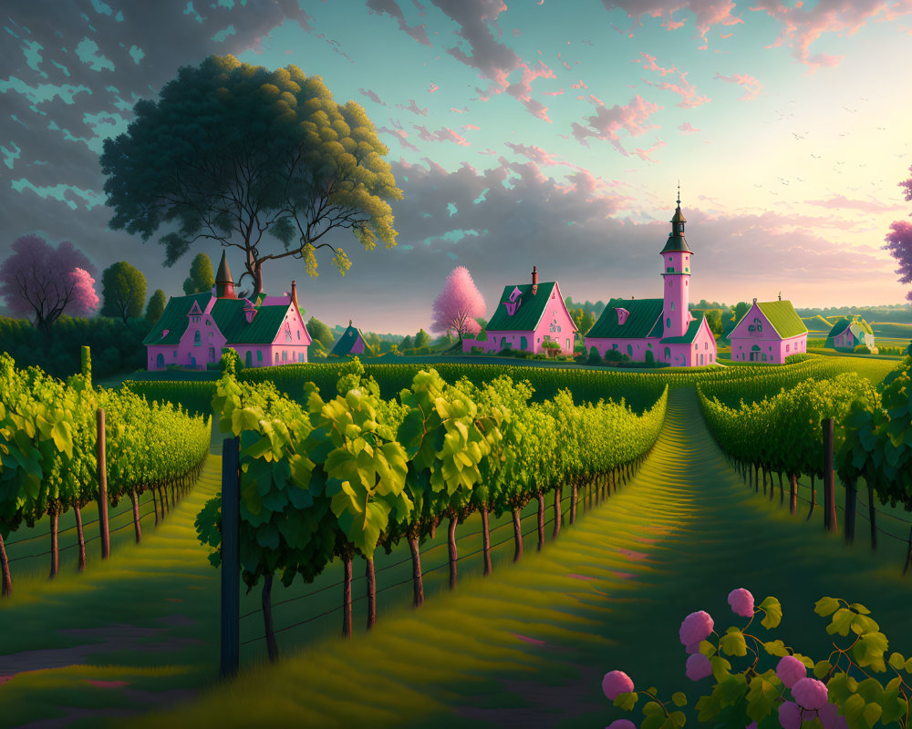 Scenic countryside with vineyard, pink houses, church steeple, and twilight sky
